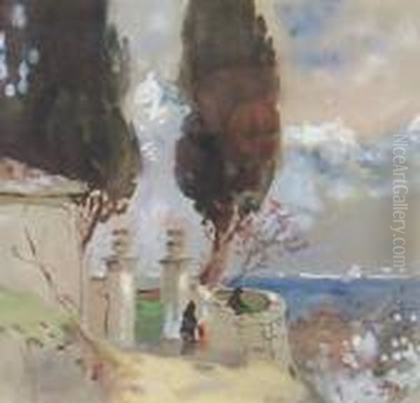 On An Italian Lake Oil Painting by Hercules Brabazon Brabazon