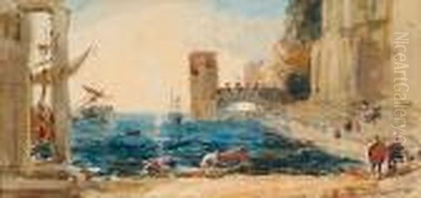 'embarkation Of The Queen Of Sheba' After Claude Lorrain Oil Painting by Hercules Brabazon Brabazon