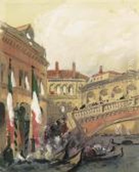 A Procession Disembarking, Rialto Bridge, Venice Oil Painting by Hercules Brabazon Brabazon