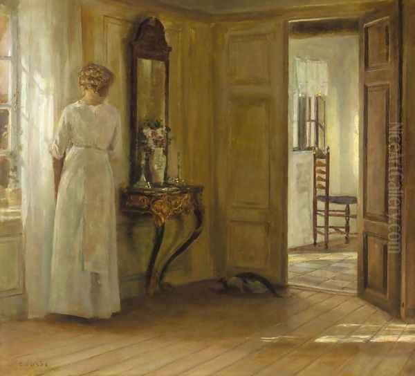 Interior with a Lady and a Cat (Interieur med kvinde og kat) Oil Painting by Carl Holsøe