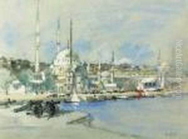 Probably The Suleymaniye Mosque 
With The Sultanahmet Mosque Beyond,on The Golden Horn's West Bank, 
Istanbul. Oil Painting by Hercules Brabazon Brabazon