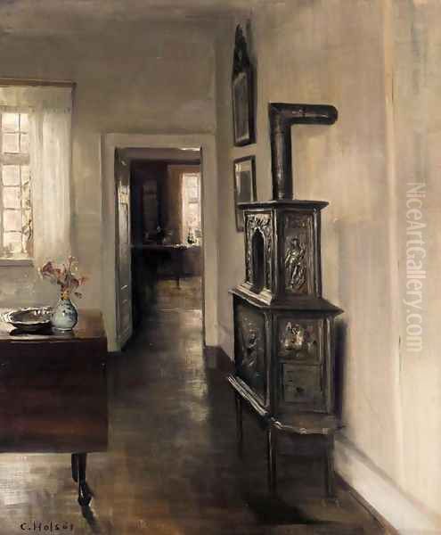 Interior with a Stove (Interieur med pejs) Oil Painting by Carl Holsøe