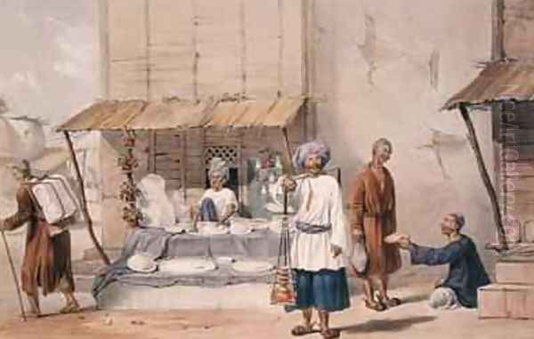 A Falloden Stall with Huzzarehs carrying snow etc to market Oil Painting by Louis Hague