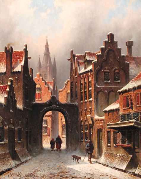 A snow-covered street in Delft, with the church spire of the Oude Jan in the background Oil Painting by Eduard Alexander Hilverdink