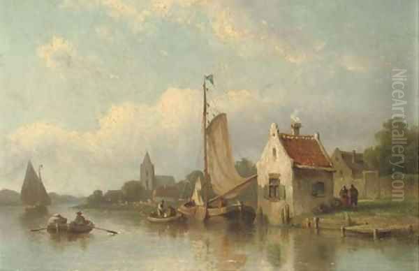 A river landscape with fishermen in their boats Oil Painting by Eduard Alexander Hilverdink