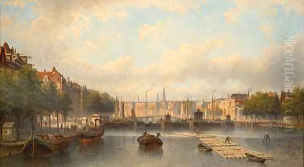 The river Amstel with the Magere Brug in the distance, Amsterdam Oil Painting by Eduard Alexander Hilverdink