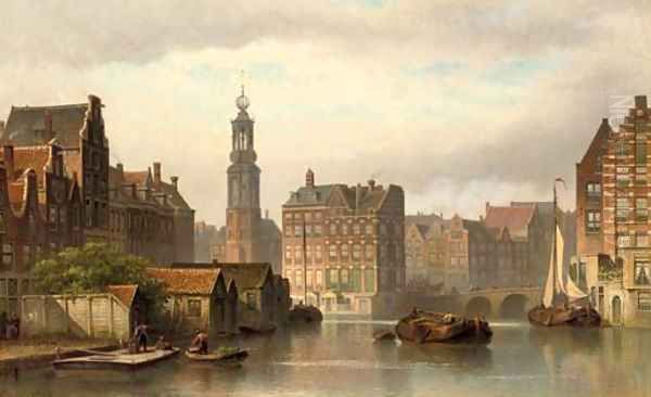 The Amstel in summer with the Munttoren and the Rokin beyond Oil Painting by Eduard Alexander Hilverdink