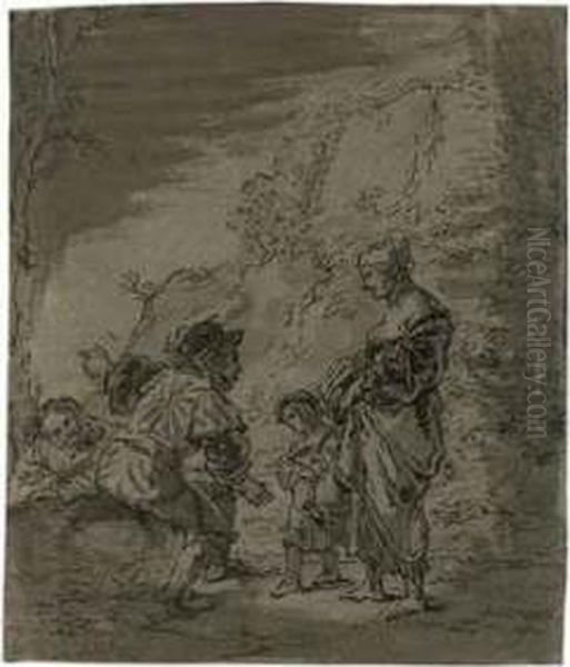 A Woman And Child Asking Directions From Two Men Oil Painting by Leonaert Bramer