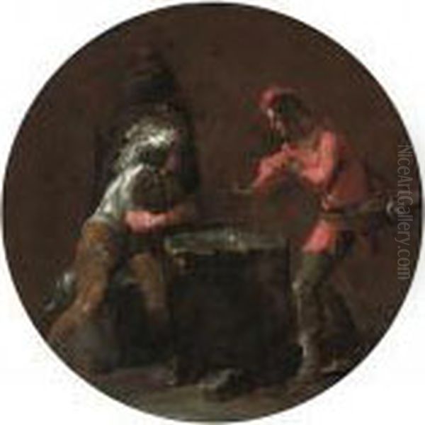 A Cavalier And A Young Peddler Playing Dice, With A Monk Looking On Oil Painting by Leonaert Bramer