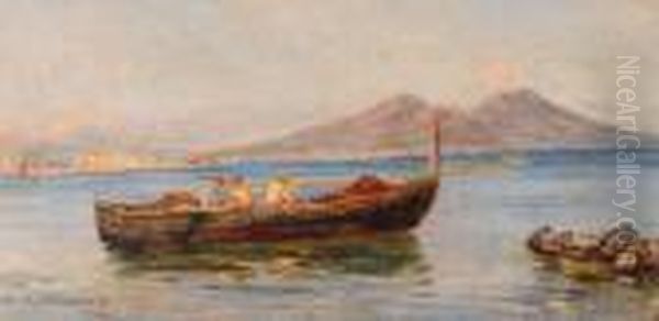 Barca Di Pescatori Sullo Sfondo Del Vesuvio Oil Painting by Carlo Brancaccio