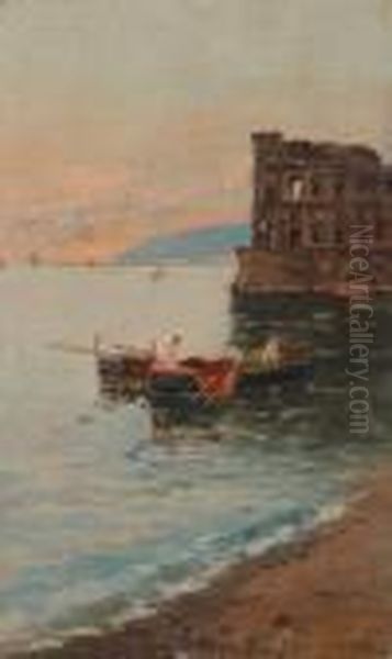 Marina Al Tramonto Sullo Sfondo Di Palazzo Donnanna Oil Painting by Carlo Brancaccio