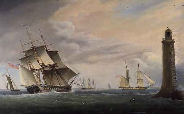 A Frigate and a Naval Brig passing the Eddystone Lighthouse Oil Painting by Thomas L. Hornbrook