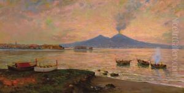 Fishing Boats In The Bay Of Naples Oil Painting by Carlo Brancaccio