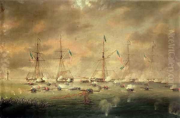 The British and American Fleets Engaged on Lake Borgne Oil Painting by Thomas L. Hornbrook