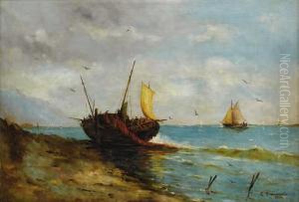 Coastal View With Boats Along The Shore Oil Painting by Carlo Brancaccio