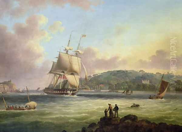 H M S Pallas Entering Plymouth Harbour Oil Painting by Thomas L. Hornbrook