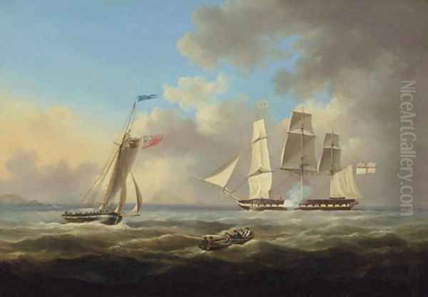 A frigate hove-to and signalling for a pilot, possibly off the approaches to Guernsey Oil Painting by Thomas L. Hornbrook