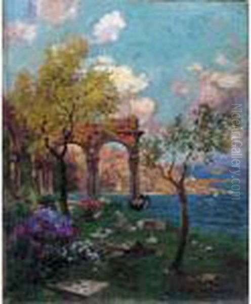 Giardino Fiorito Tra Le Rovine In Riva Al Mare Oil Painting by Carlo Brancaccio