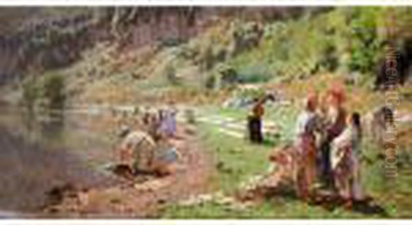 Washerwomen By The Banks Of A River Oil Painting by Carlo Brancaccio