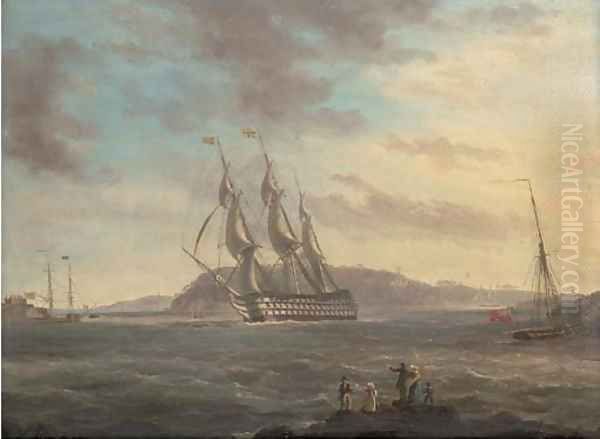 A First Rate making her way down Plymouth Sound in a stiff breeze, with Drake's Island off her starboard bow Oil Painting by Thomas L. Hornbrook