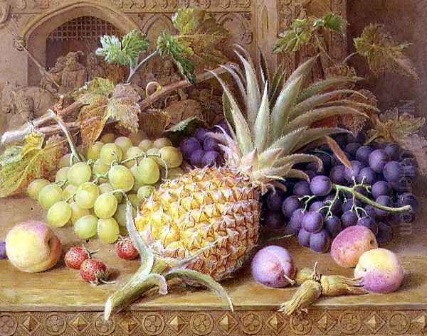 A Still Life of a Pineapple Grapes Peaches Strawberries and Hazelnuts on a Dresser Oil Painting by William B. Hough