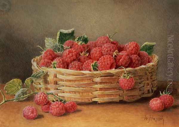 A Still Life of Raspberries in a Wicker Basket Oil Painting by William B. Hough