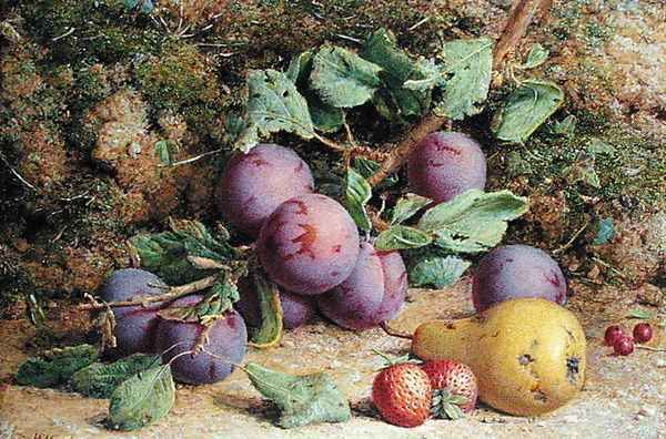 Plums Strawberries and a Pear on a Mossy Bank Oil Painting by William B. Hough