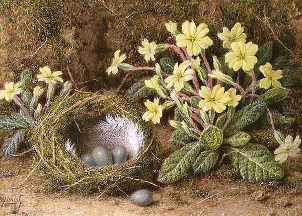 Still Life of Eggs in a Nest and Primroses Oil Painting by William B. Hough