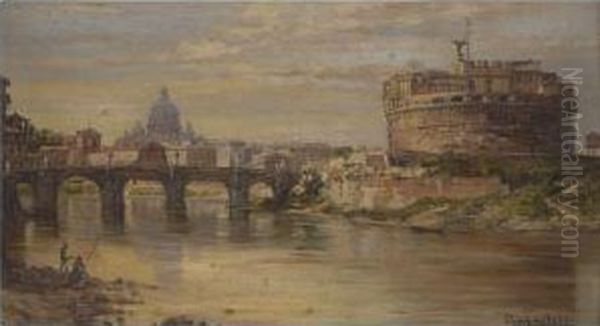 A View Of The Tiber With Castel Sant Angelo And St. Peters Oil Painting by Antonietta Brandeis