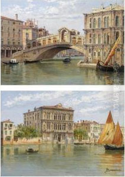 The Rialto Bridge And Palazzo Camerlenghi And The Ca' Vendramincalergi, Venice; A Pair Oil Painting by Antonietta Brandeis