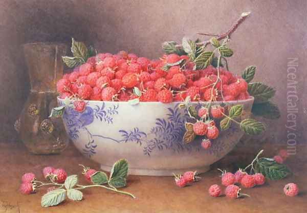 Still Life of Raspberries in a Blue and White Bowl Oil Painting by William B. Hough