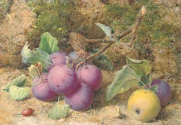 Still life of plums and an apple on a mossy bank Oil Painting by William B. Hough