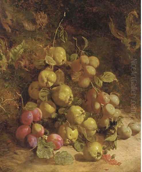 Pears and plums on a mossy bank Oil Painting by William B. Hough