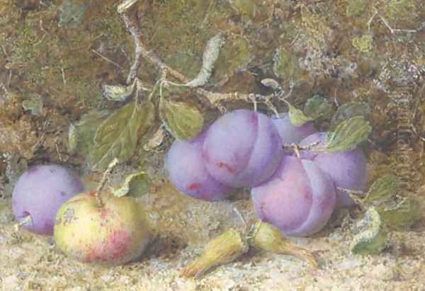 Plums, an apple and hazelnuts on a mossy bank Oil Painting by William B. Hough