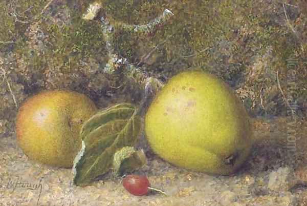 Still-life of apples on a mossy bank with a rosehip Oil Painting by William B. Hough