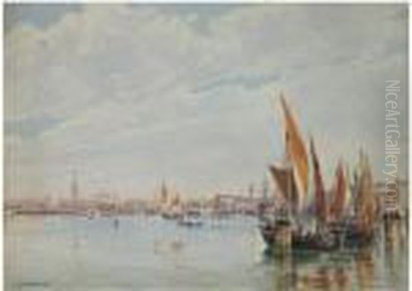 Boats On The Lagoon With The Doge's Palace In The Distance Oil Painting by Antonietta Brandeis