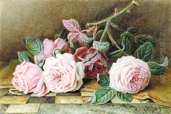 Still-life of pink roses on a marble topped table Oil Painting by William B. Hough