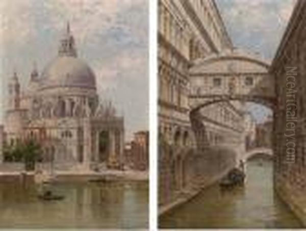 A Church Procession At Santa Maria Della Salute; And A Gondolier Atthe Bridge Of Sighs Oil Painting by Antonietta Brandeis