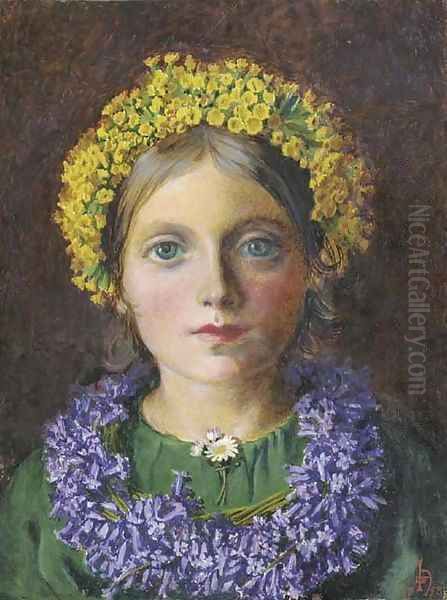 Portrait of a Girl, adorned with cowslips, bluebells and a daisy Oil Painting by Michael Frederick Halliday