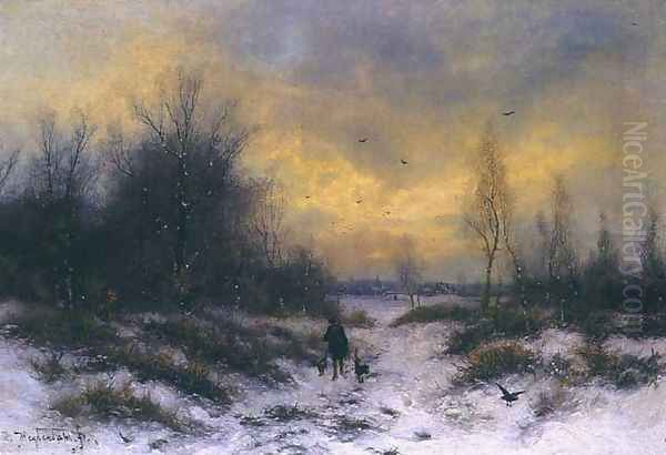 Winter Landscape with a Hunter Oil Painting by Friedrich Josef Nicolai Heydendahl