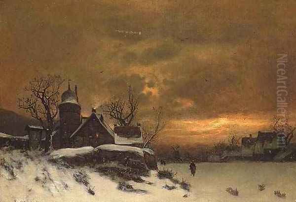 Winter landscape with view of buildings at evening Oil Painting by Friedrich Josef Nicolai Heydendahl