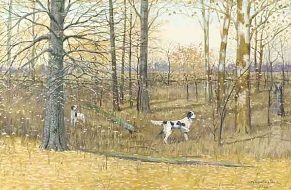 English Setters in a wood Oil Painting by Dwight W. Huntington