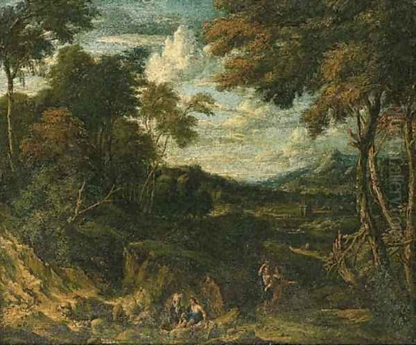 A wooded landscape with classical figures on a path and by a stream, a villa beyond Oil Painting by Jan Baptist Huysmans