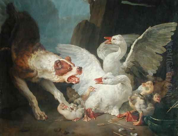 A Dog Attacking Geese Oil Painting by Jean-Baptiste Huet