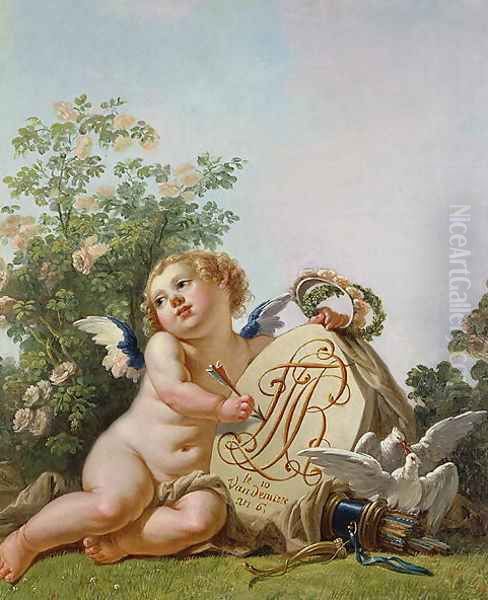 Cupid commemorating a marriage by Incising on a a Tablet the interlaced initials FT and RC Oil Painting by Jean-Baptiste Huet