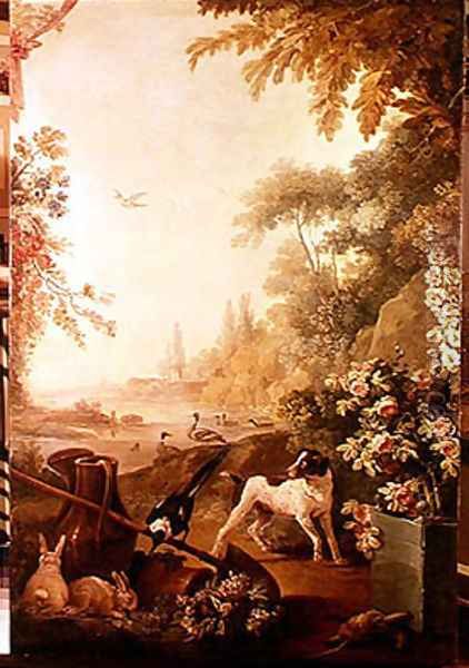 Two Rabbits a Magpie and a Dog Oil Painting by Jean-Baptiste Huet