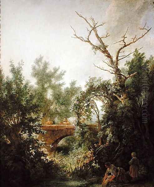 Peasant Woman Washing Clothes near a Bridge Oil Painting by Jean-Baptiste Huet