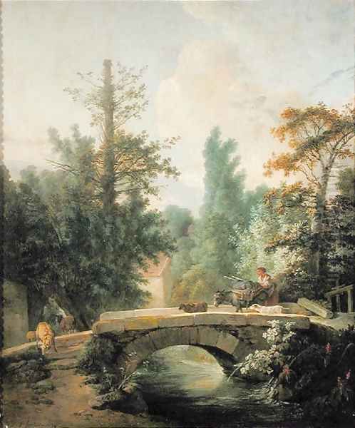 Peasant and her Donkey Crossing a Bridge Oil Painting by Jean-Baptiste Huet