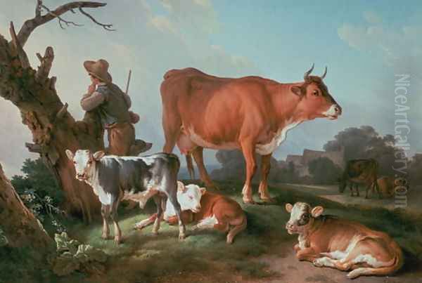 Pastoral scene with a cowherd Oil Painting by Jean-Baptiste Huet