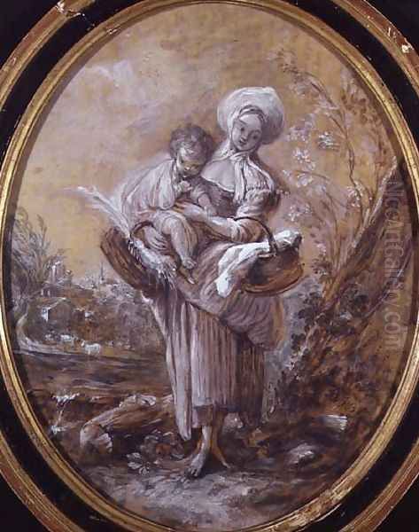 Woman with Child in Country Landscape Oil Painting by Jean-Baptiste Huet